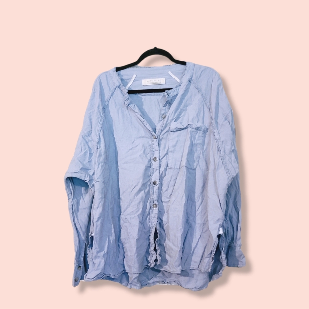 Free People Blue Button Down Pocket Long Sleeve Pocket Shirt M